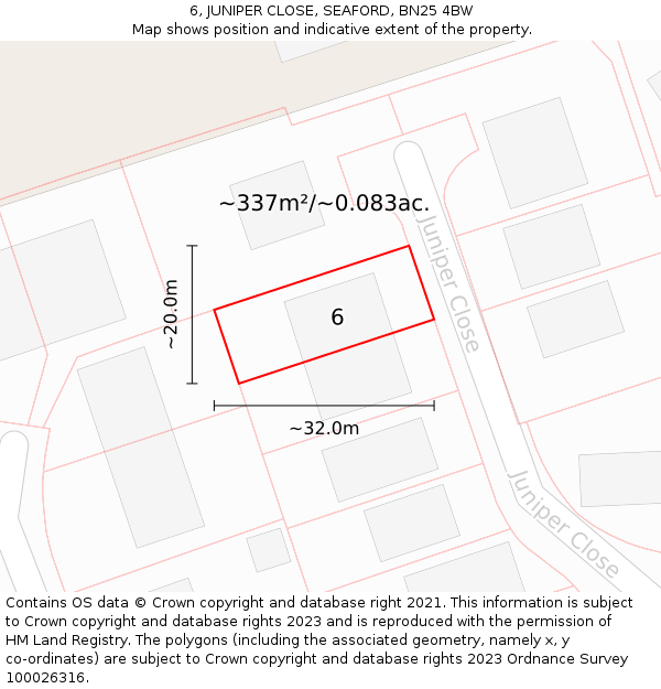 6, JUNIPER CLOSE, SEAFORD, BN25 4BW: Plot and title map