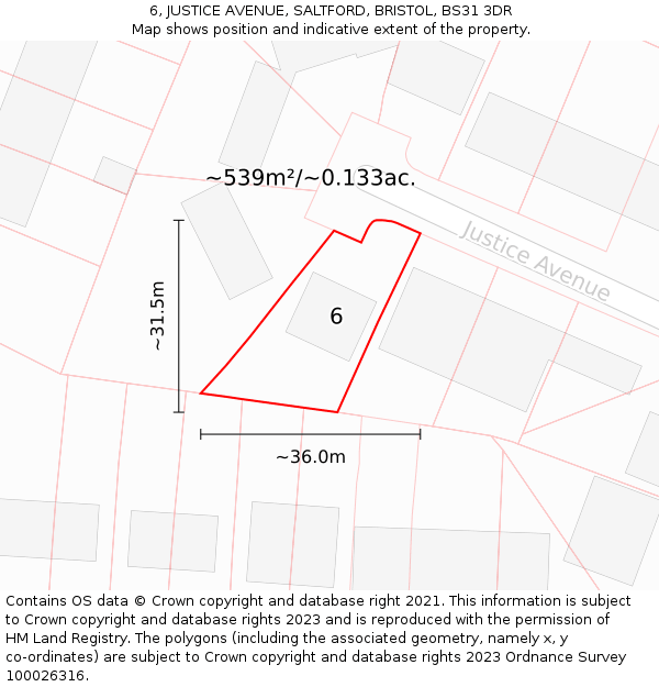 6, JUSTICE AVENUE, SALTFORD, BRISTOL, BS31 3DR: Plot and title map