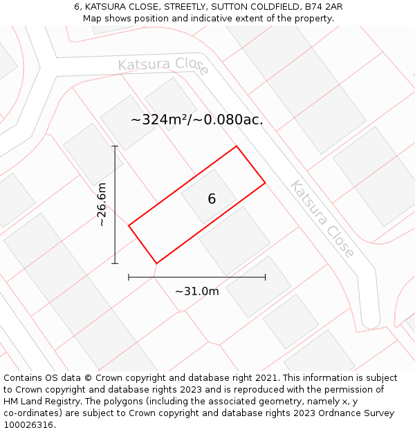 6, KATSURA CLOSE, STREETLY, SUTTON COLDFIELD, B74 2AR: Plot and title map