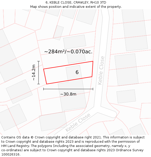 6, KEBLE CLOSE, CRAWLEY, RH10 3TD: Plot and title map