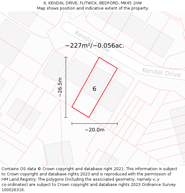 6, KENDAL DRIVE, FLITWICK, BEDFORD, MK45 1NW: Plot and title map
