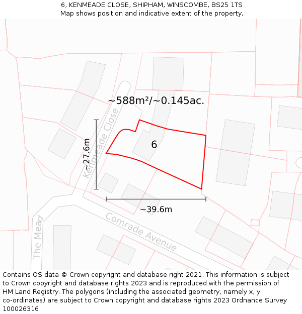 6, KENMEADE CLOSE, SHIPHAM, WINSCOMBE, BS25 1TS: Plot and title map