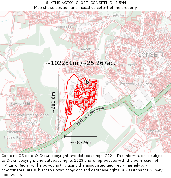 6, KENSINGTON CLOSE, CONSETT, DH8 5YN: Plot and title map