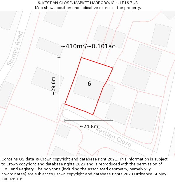 6, KESTIAN CLOSE, MARKET HARBOROUGH, LE16 7UR: Plot and title map