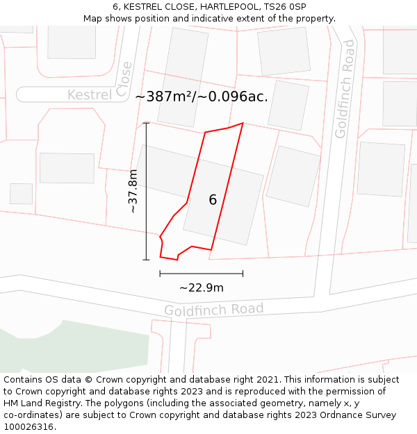6, KESTREL CLOSE, HARTLEPOOL, TS26 0SP: Plot and title map