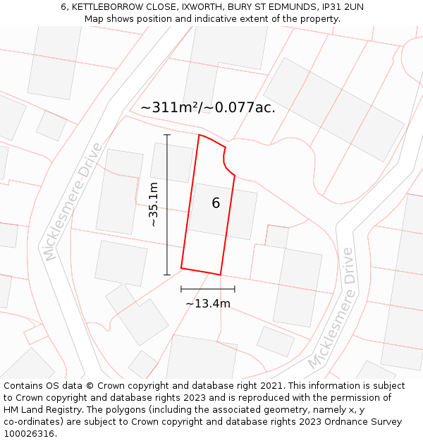 6, KETTLEBORROW CLOSE, IXWORTH, BURY ST EDMUNDS, IP31 2UN: Plot and title map