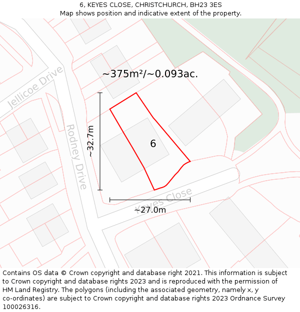6, KEYES CLOSE, CHRISTCHURCH, BH23 3ES: Plot and title map