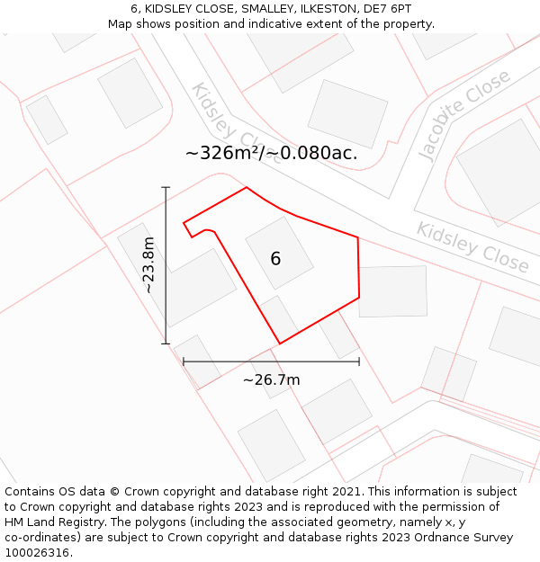 6, KIDSLEY CLOSE, SMALLEY, ILKESTON, DE7 6PT: Plot and title map