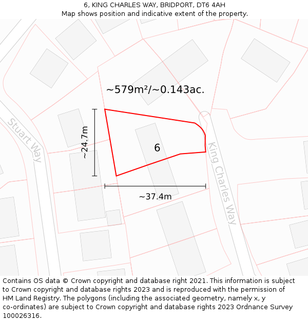 6, KING CHARLES WAY, BRIDPORT, DT6 4AH: Plot and title map