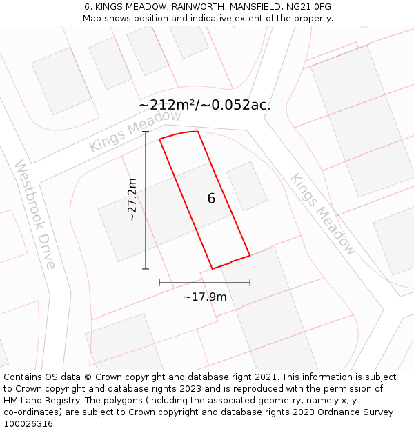 6, KINGS MEADOW, RAINWORTH, MANSFIELD, NG21 0FG: Plot and title map