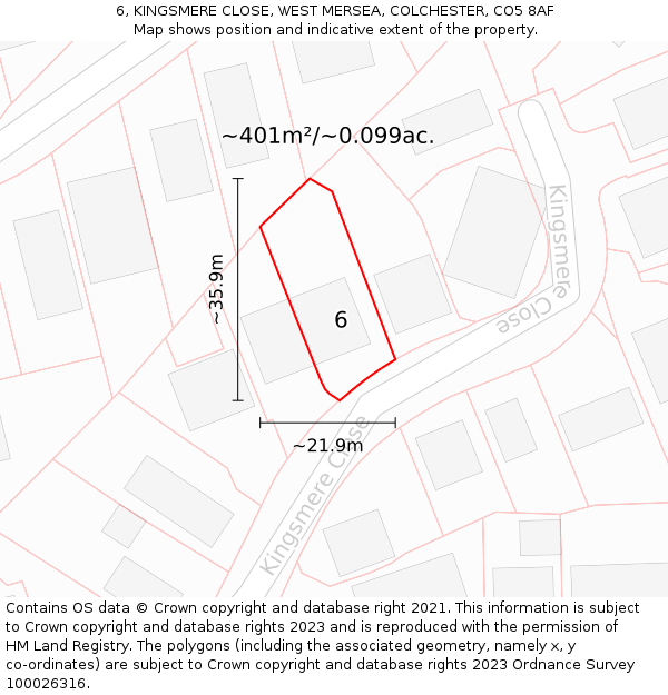 6, KINGSMERE CLOSE, WEST MERSEA, COLCHESTER, CO5 8AF: Plot and title map