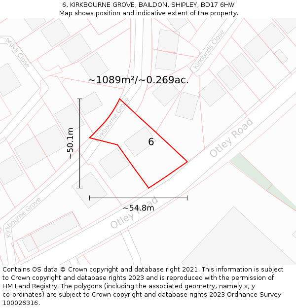 6, KIRKBOURNE GROVE, BAILDON, SHIPLEY, BD17 6HW: Plot and title map