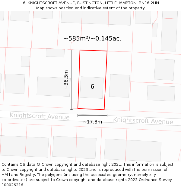 6, KNIGHTSCROFT AVENUE, RUSTINGTON, LITTLEHAMPTON, BN16 2HN: Plot and title map