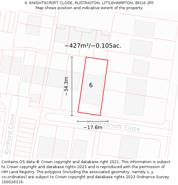 6, KNIGHTSCROFT CLOSE, RUSTINGTON, LITTLEHAMPTON, BN16 2RY: Plot and title map