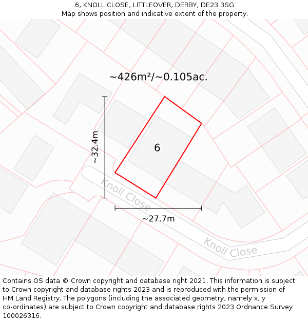 6, KNOLL CLOSE, LITTLEOVER, DERBY, DE23 3SG: Plot and title map
