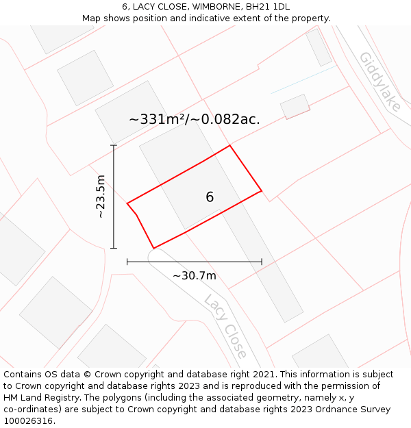 6, LACY CLOSE, WIMBORNE, BH21 1DL: Plot and title map