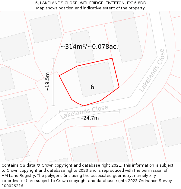6, LAKELANDS CLOSE, WITHERIDGE, TIVERTON, EX16 8DD: Plot and title map