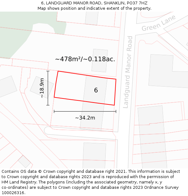 6, LANDGUARD MANOR ROAD, SHANKLIN, PO37 7HZ: Plot and title map
