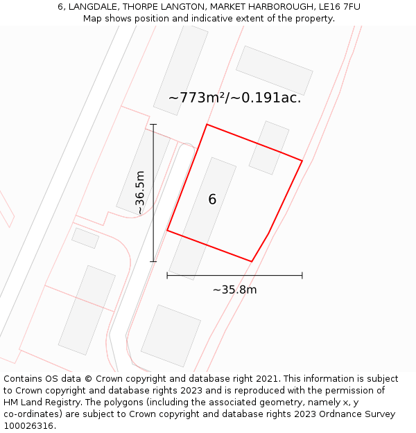 6, LANGDALE, THORPE LANGTON, MARKET HARBOROUGH, LE16 7FU: Plot and title map
