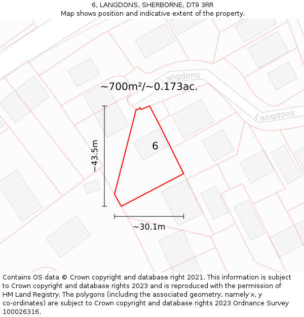 6, LANGDONS, SHERBORNE, DT9 3RR: Plot and title map
