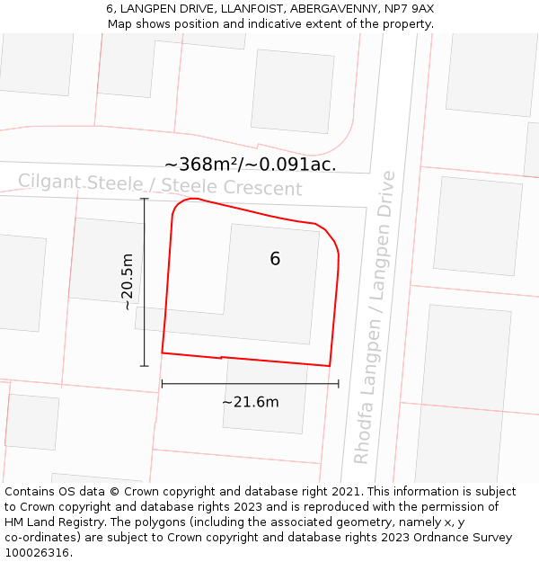 6, LANGPEN DRIVE, LLANFOIST, ABERGAVENNY, NP7 9AX: Plot and title map