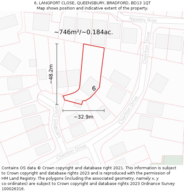6, LANGPORT CLOSE, QUEENSBURY, BRADFORD, BD13 1QT: Plot and title map