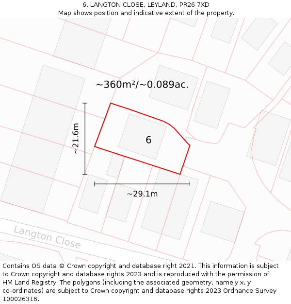 6, LANGTON CLOSE, LEYLAND, PR26 7XD: Plot and title map