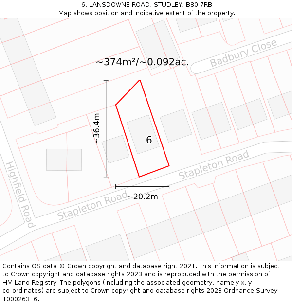 6, LANSDOWNE ROAD, STUDLEY, B80 7RB: Plot and title map