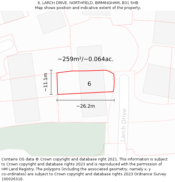 6, LARCH DRIVE, NORTHFIELD, BIRMINGHAM, B31 5HB: Plot and title map