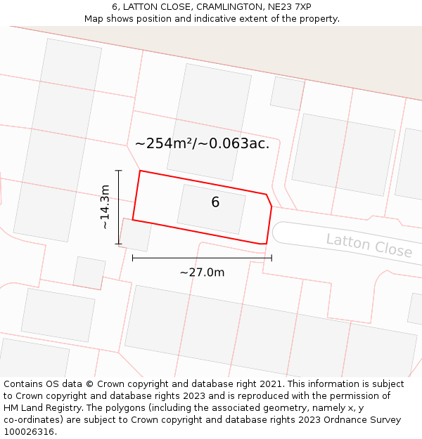 6, LATTON CLOSE, CRAMLINGTON, NE23 7XP: Plot and title map
