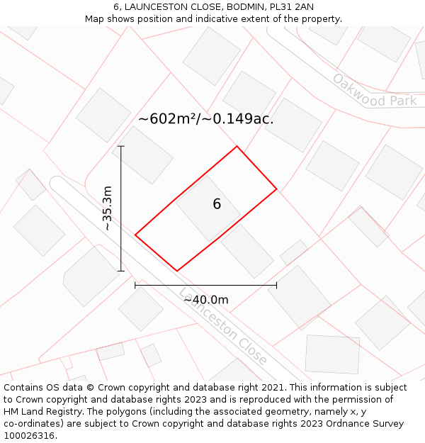 6, LAUNCESTON CLOSE, BODMIN, PL31 2AN: Plot and title map
