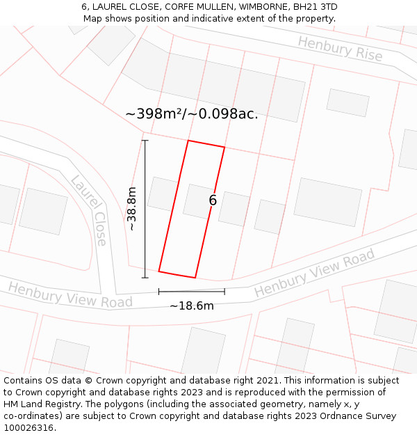 6, LAUREL CLOSE, CORFE MULLEN, WIMBORNE, BH21 3TD: Plot and title map