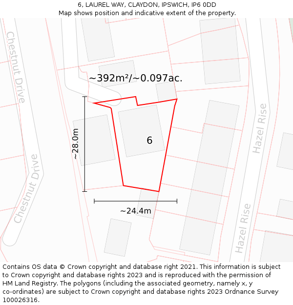 6, LAUREL WAY, CLAYDON, IPSWICH, IP6 0DD: Plot and title map