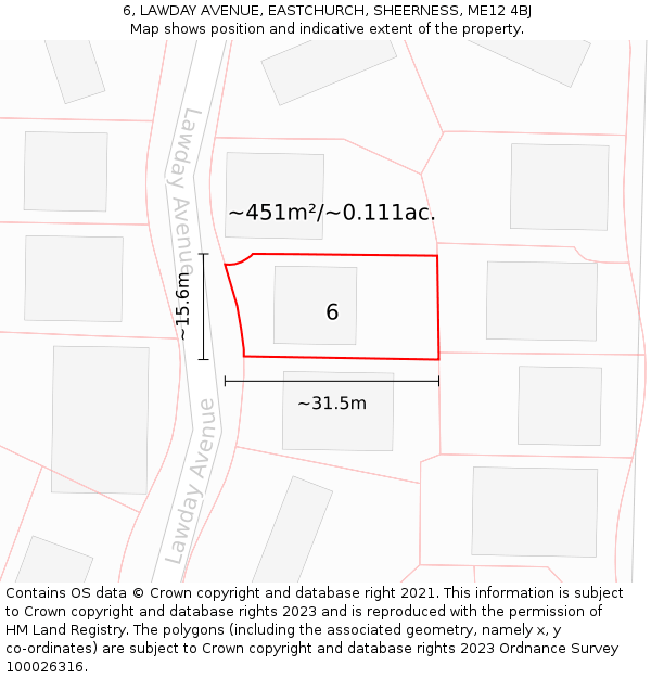 6, LAWDAY AVENUE, EASTCHURCH, SHEERNESS, ME12 4BJ: Plot and title map