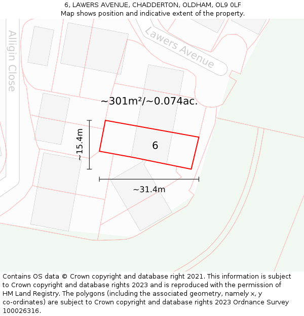 6, LAWERS AVENUE, CHADDERTON, OLDHAM, OL9 0LF: Plot and title map