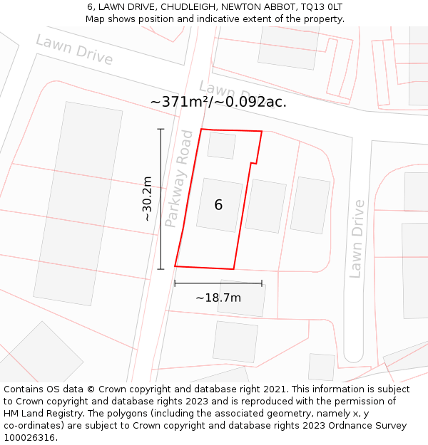 6, LAWN DRIVE, CHUDLEIGH, NEWTON ABBOT, TQ13 0LT: Plot and title map