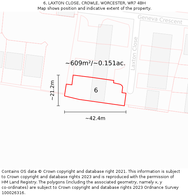 6, LAXTON CLOSE, CROWLE, WORCESTER, WR7 4BH: Plot and title map