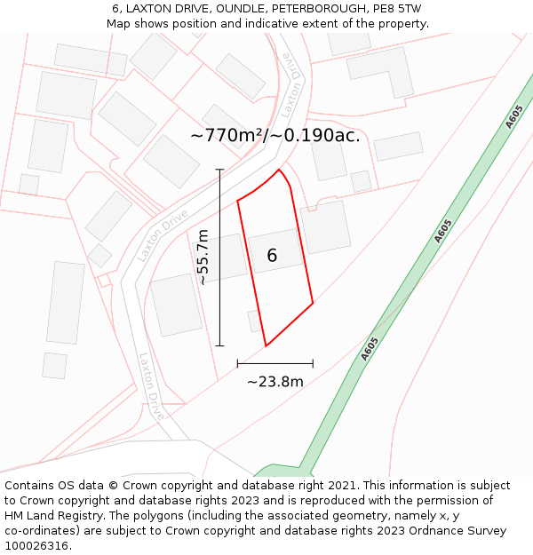 6, LAXTON DRIVE, OUNDLE, PETERBOROUGH, PE8 5TW: Plot and title map