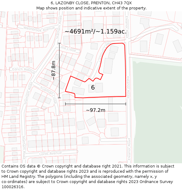 6, LAZONBY CLOSE, PRENTON, CH43 7QX: Plot and title map