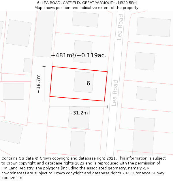 6, LEA ROAD, CATFIELD, GREAT YARMOUTH, NR29 5BH: Plot and title map