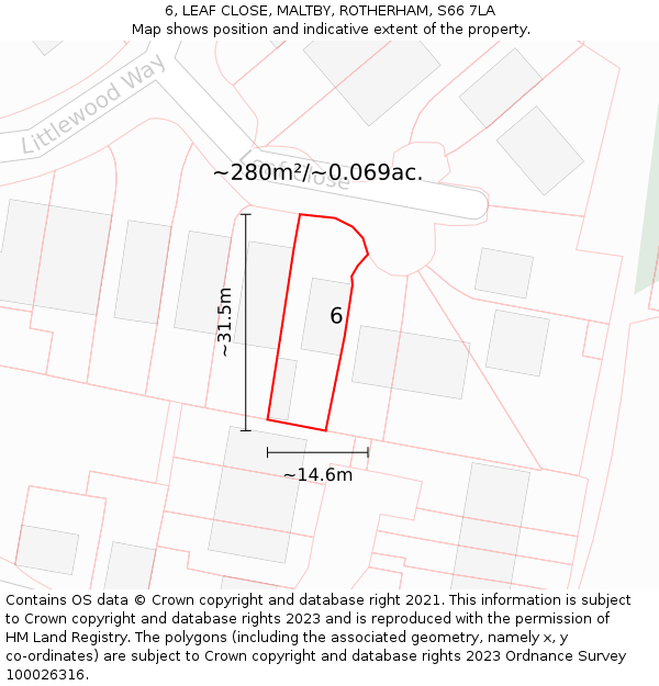 6, LEAF CLOSE, MALTBY, ROTHERHAM, S66 7LA: Plot and title map