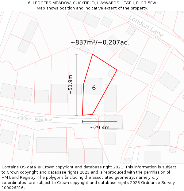 6, LEDGERS MEADOW, CUCKFIELD, HAYWARDS HEATH, RH17 5EW: Plot and title map