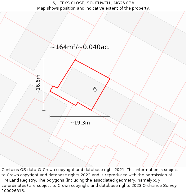 6, LEEKS CLOSE, SOUTHWELL, NG25 0BA: Plot and title map