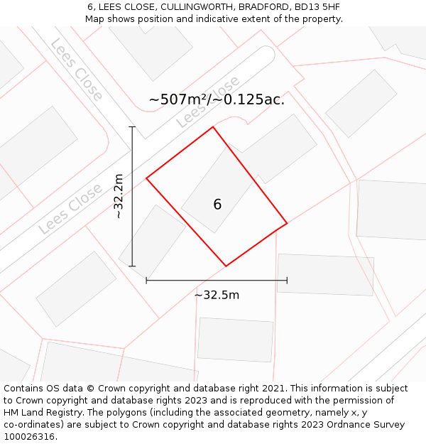 6, LEES CLOSE, CULLINGWORTH, BRADFORD, BD13 5HF: Plot and title map
