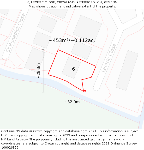 6, LEOFRIC CLOSE, CROWLAND, PETERBOROUGH, PE6 0NN: Plot and title map