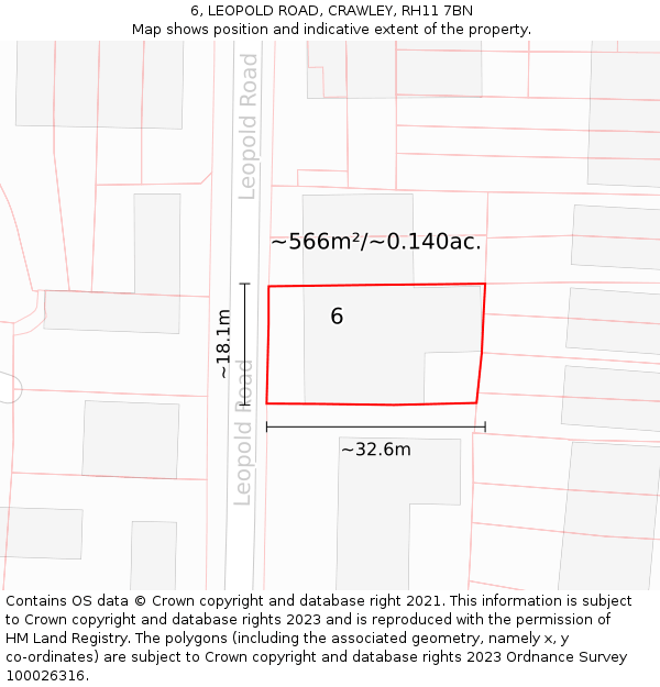 6, LEOPOLD ROAD, CRAWLEY, RH11 7BN: Plot and title map