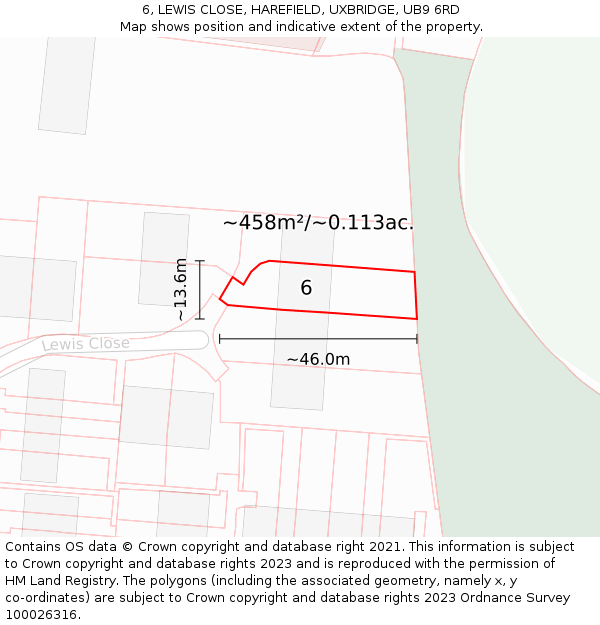 6, LEWIS CLOSE, HAREFIELD, UXBRIDGE, UB9 6RD: Plot and title map