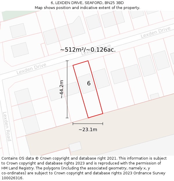 6, LEXDEN DRIVE, SEAFORD, BN25 3BD: Plot and title map