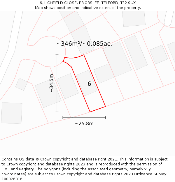 6, LICHFIELD CLOSE, PRIORSLEE, TELFORD, TF2 9UX: Plot and title map