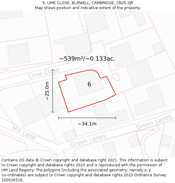 6, LIME CLOSE, BURWELL, CAMBRIDGE, CB25 0JR: Plot and title map